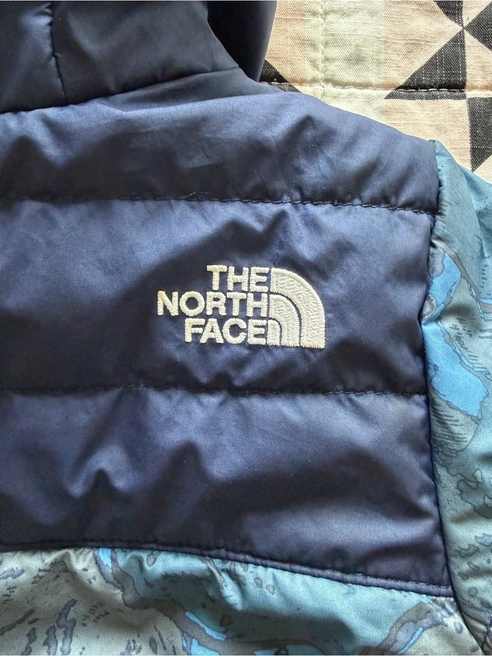 The North Face Navy and Light Blue Camouflage Puffer Jacket